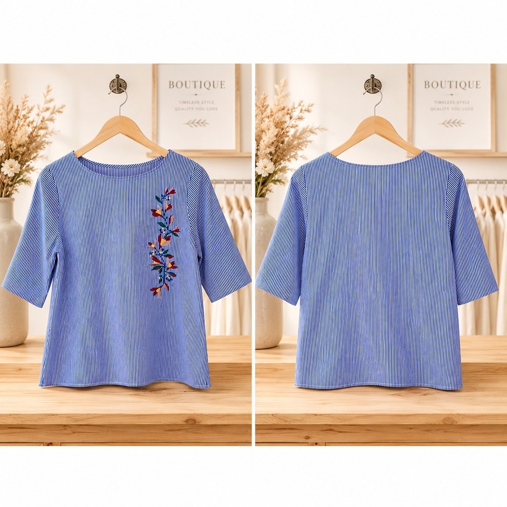 St. Johns Bay Womens Petite PS Blue White Striped Floral Embroidered Blouse Top